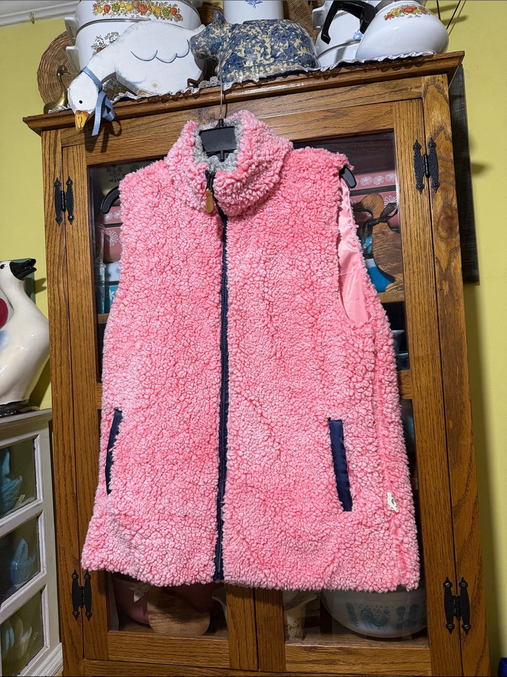 Simply Southern Pink Sherpa Vest with Navy Trim and Cream Lining